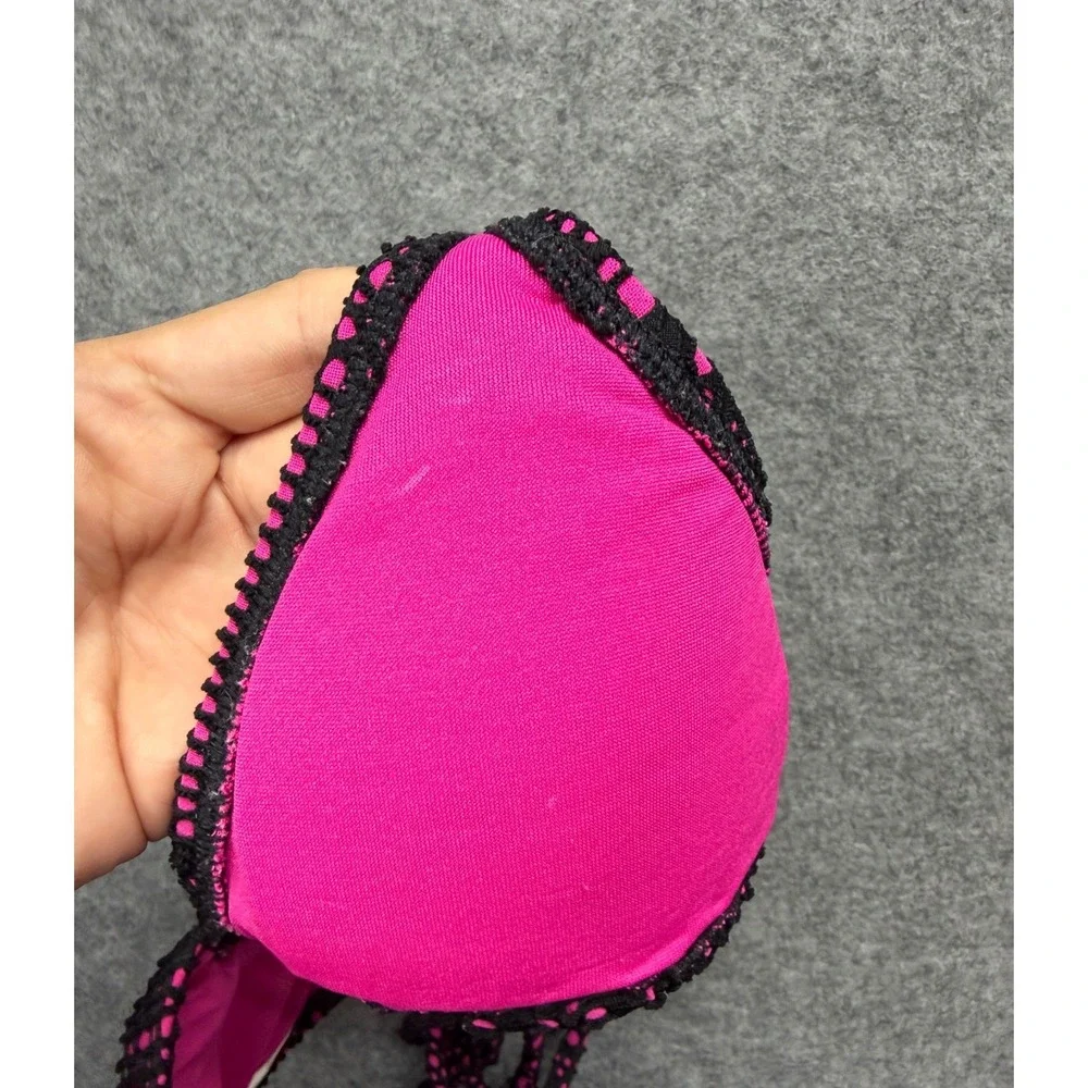 Roxy Girl Pink Black Crochet Geometric Triangle Bikini Set Swimsuit XS? Beach